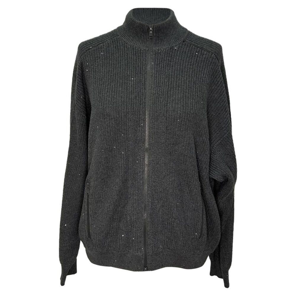 Brunello Cucinelli Ribbed Full-Zip Cardigan in Grey Cotton